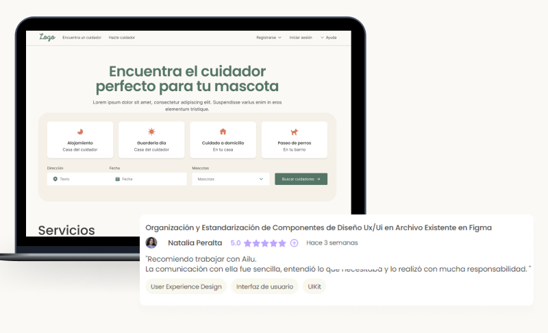 Mockup final de ClubPethouse y valoración del cliente en Workana