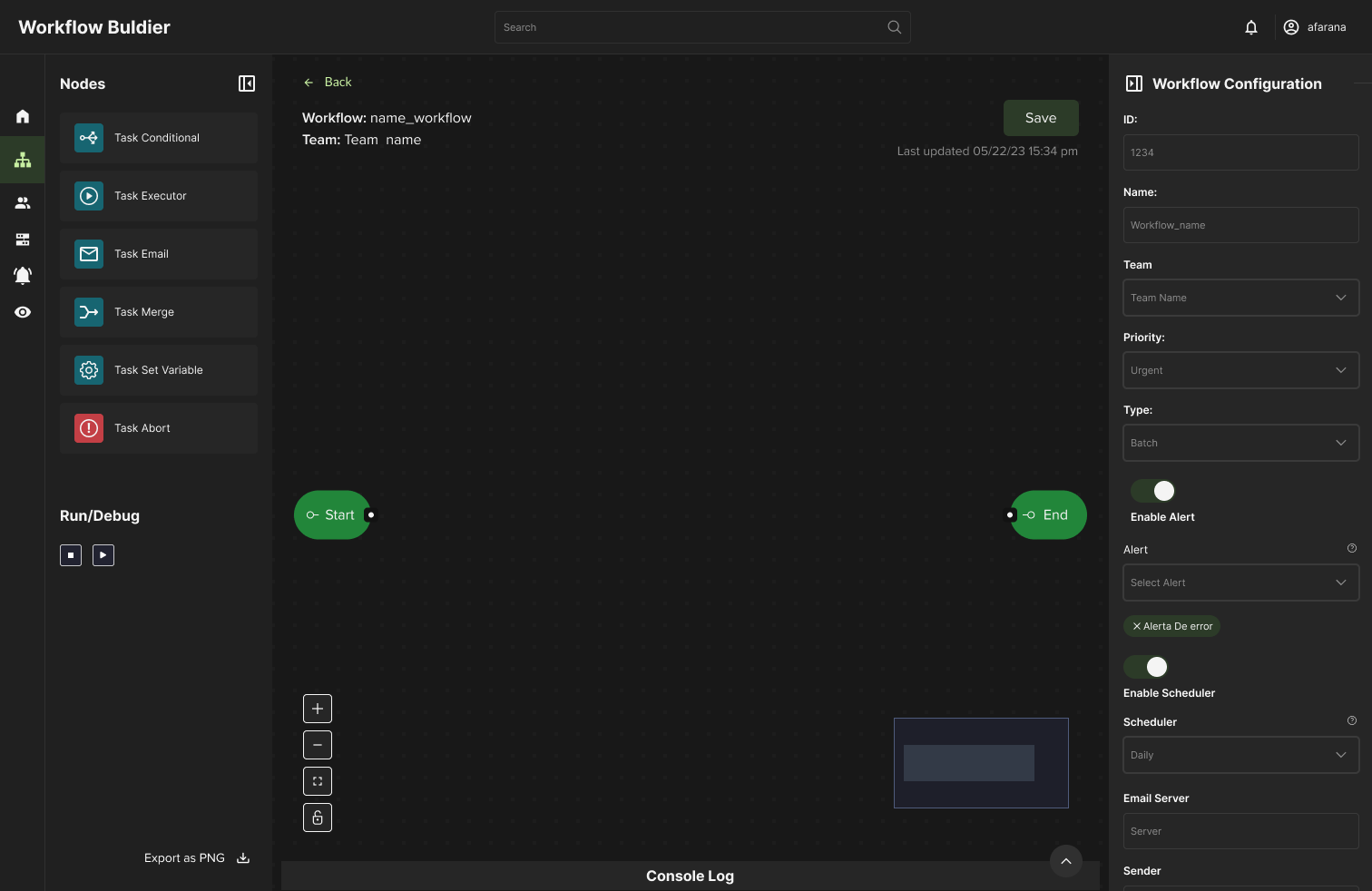 Captura del editor Workflow Builder
